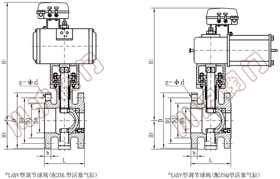 氣動V型調節(jié)球閥 外形連接尺寸